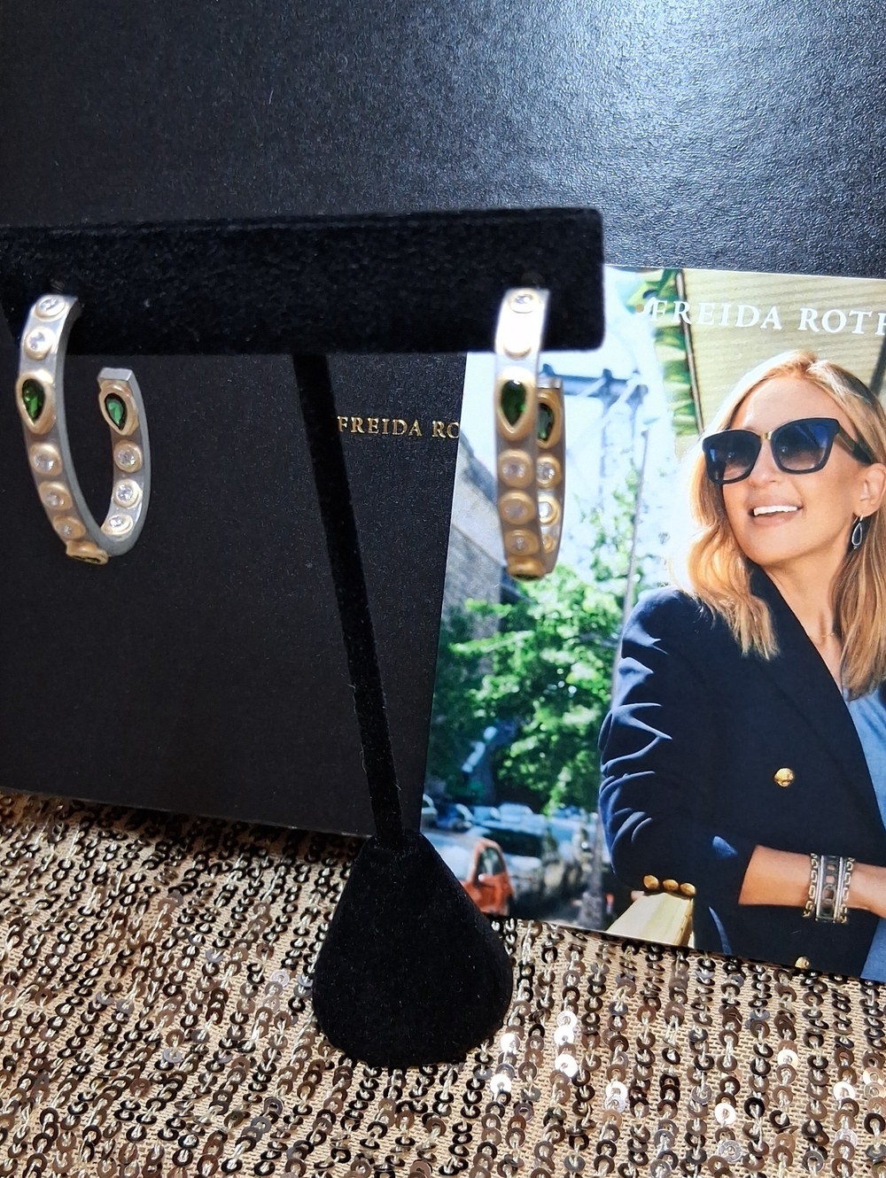 FREIDA ROTHMAN Edgy Gunmetal Hoop Earrings With Emerald Green And Clears Stones